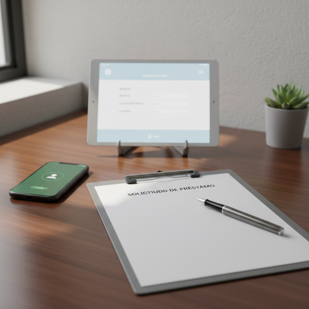 A close-up, photographic scene of a clean, organized loan application station in a professional office. On a dark wooden desk rests a crisp, blank application form on a clipboard, a high-quality metal pen placed diagonally, and a smartphone displaying a generic dial screen to suggest easy contact without showing actual numbers. Behind, a slim tablet stands upright with a softly blurred interface resembling a simple inquiry form in Spanish. Natural, diffused light from the side window casts subtle shadows, creating a calm, reassuring mood. Shot from a slightly elevated angle with rule-of-thirds composition, sharp focus on the documents and pen, and a softly out-of-focus background featuring a neutral-colored wall and a small green plant, emphasizing clarity, order, and professionalism in the credit inquiry process.